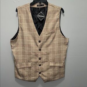 WHATLEES Men’s Plaid Suit Vest - Khaki/Brown Check - Size XL